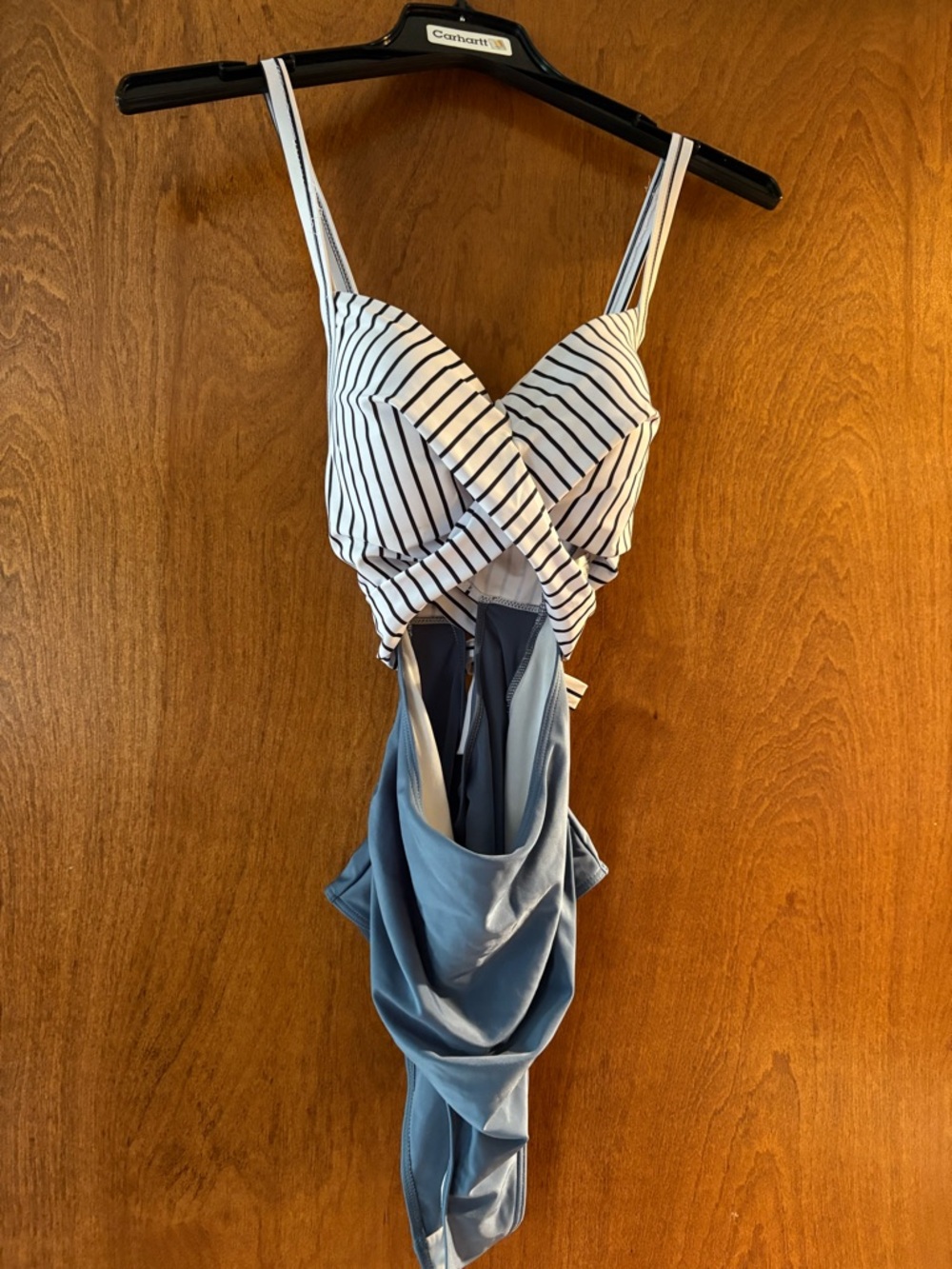 Striped White & Black Wrap Top with Slate Blue Draped Bottom One-Piece